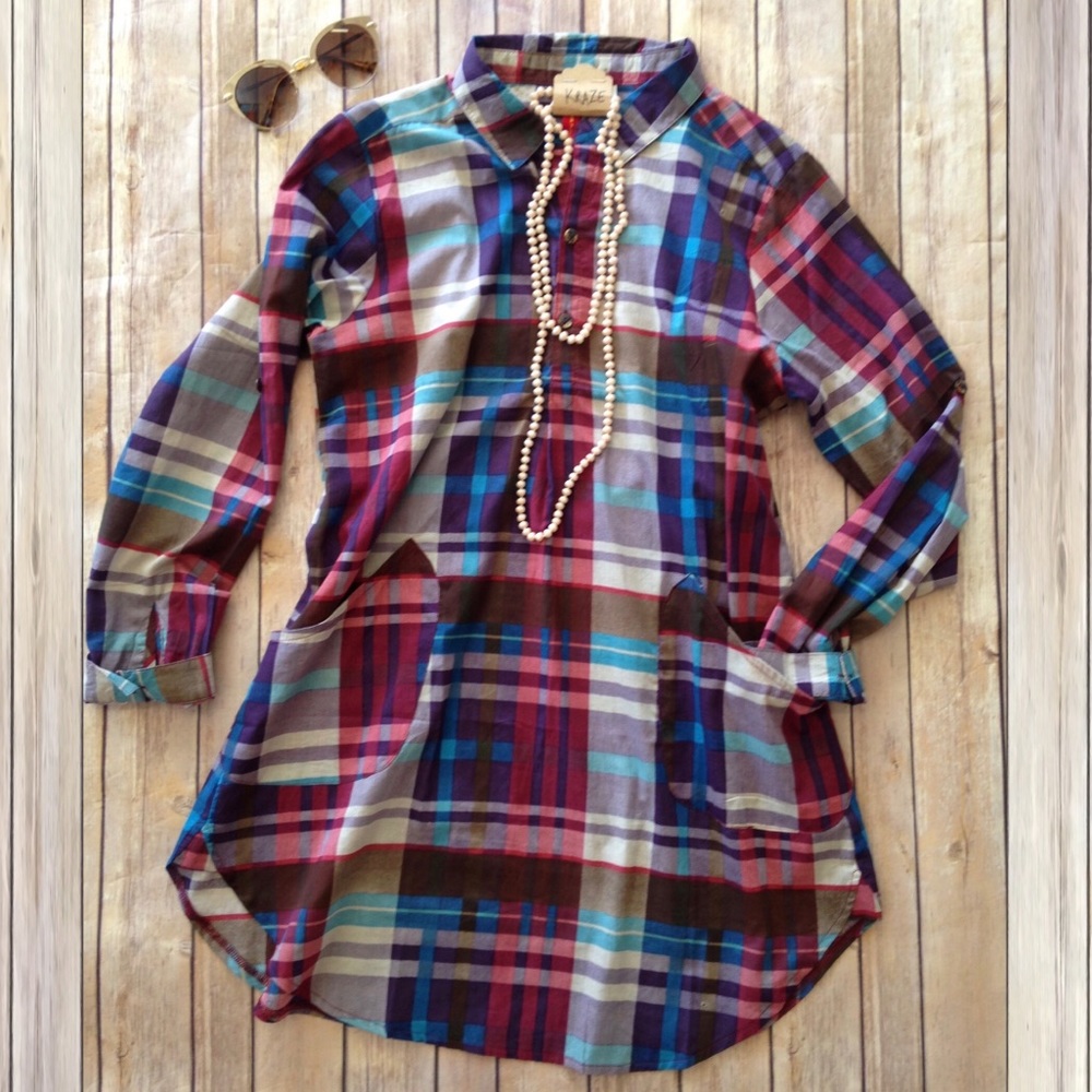 104- Purple/Blue Plaid Button Up Long Sleeve Top